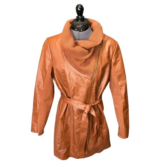 IMAN Longline Leather Jacket Sz Medium Knit Cowl Neck Waist Tie / Full zip front